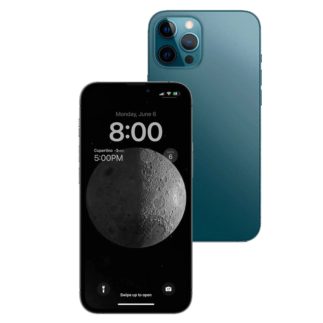 Smartphone displaying clock app with moon phase on screen, shown from front and back