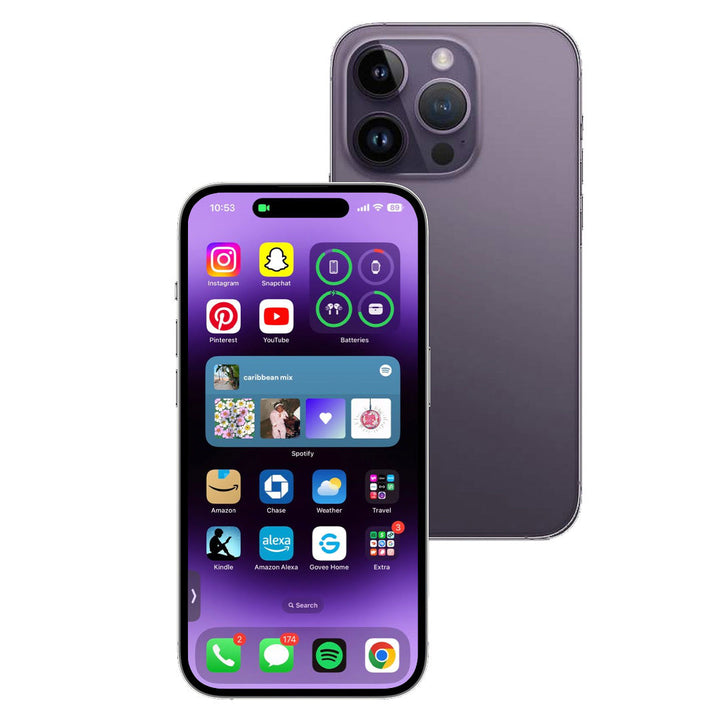 Smartphone with app icons displayed on screen and back view on white background