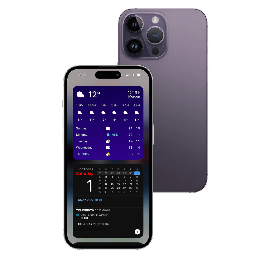 Smartphone with weather app displayed on screen, showing a calendar and weather forecast.