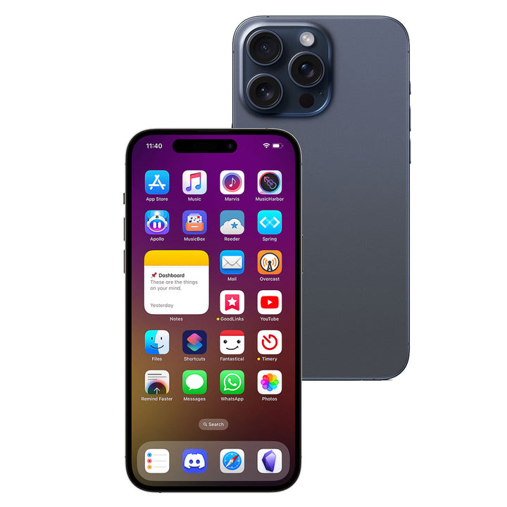 Smartphone with app icons displayed on the screen and another angle showing the back of the phone.